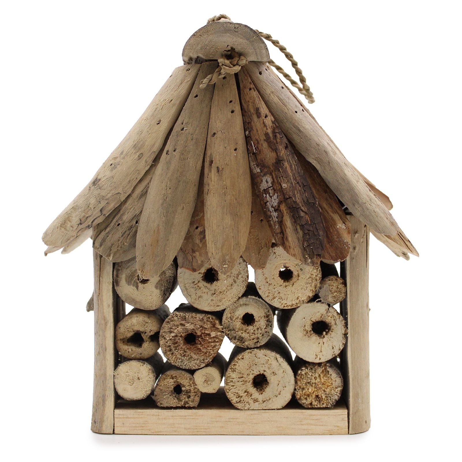 Handcrafted garden insect house made from natural recycled driftwood pieces with various nesting holes.
