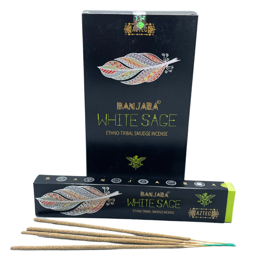 Hand-rolled masala incense sticks with white sage herbs, presented in traditional tribal style packaging.