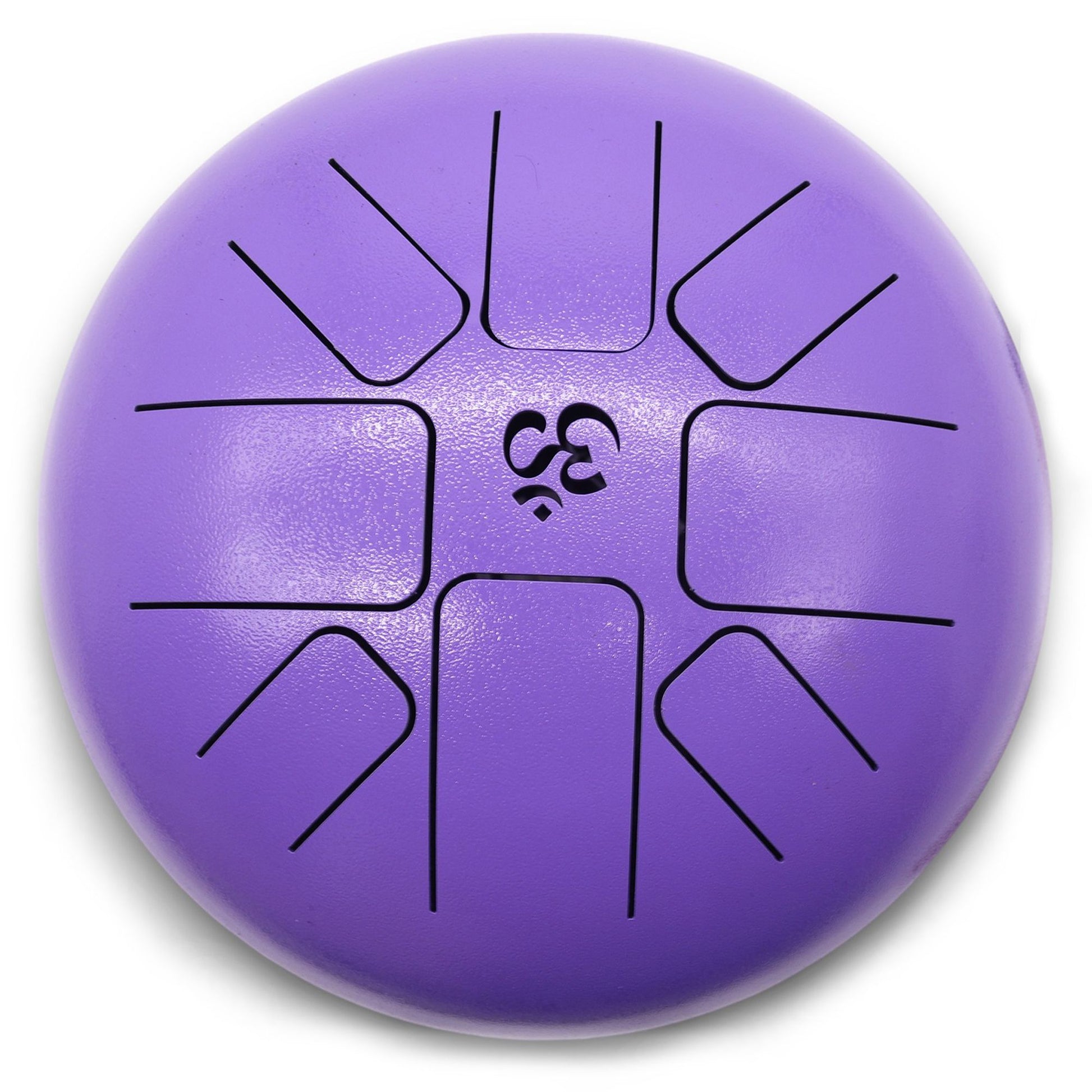 Cylindrical violet steel tongue drum featuring a central Om symbol and circular cut-outs on a smooth metallic surface.