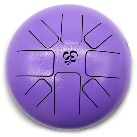 Cylindrical violet steel tongue drum featuring a central Om symbol and circular cut-outs on a smooth metallic surface.