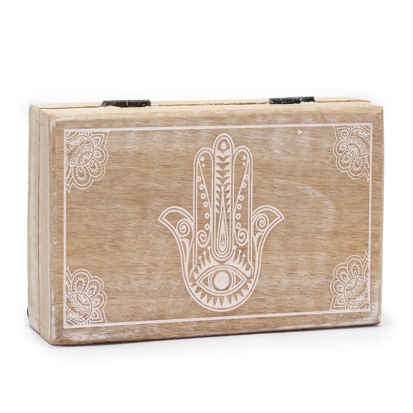 Large rectangular wooden box with a white-washed finish and an intricate Hamsa hand carved on the lid.