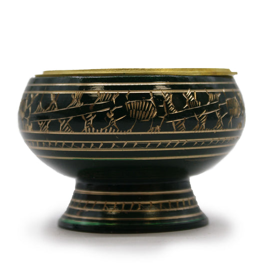 Tall green ceramic incense jar featuring golden patterns and a raised base, designed for charcoal and resin burning.