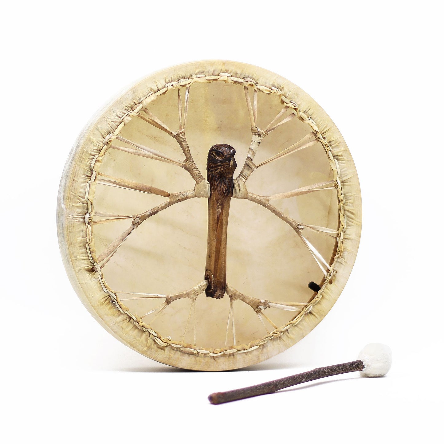 Handcrafted 40cm shaman drum featuring a hand-carved eagle design on a rich wood frame with a goatskin drumhead.