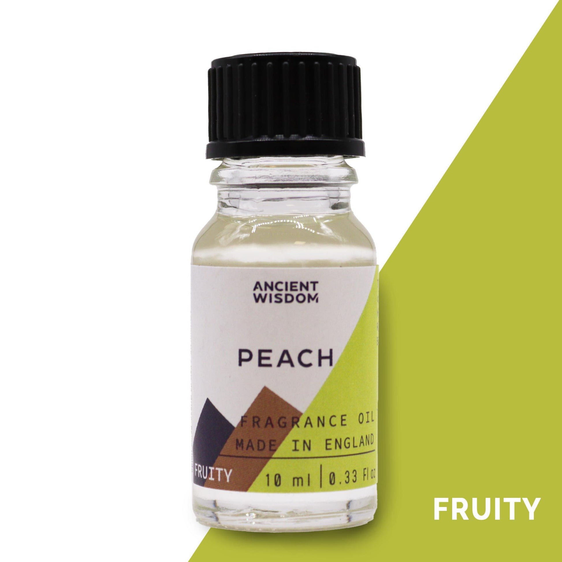 A 10ml amber glass bottle of peach scented fragrance oil with a black dropper cap on a neutral background.