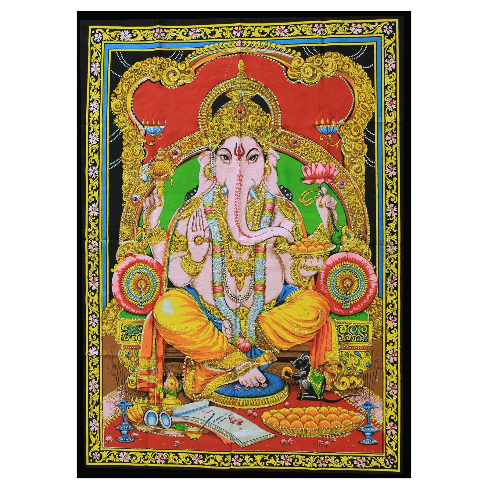 Intricate colourful depiction of Lord Ganesh on a decorative wall hanging in traditional Indian style.