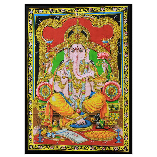 Intricate colourful depiction of Lord Ganesh on a decorative wall hanging in traditional Indian style.