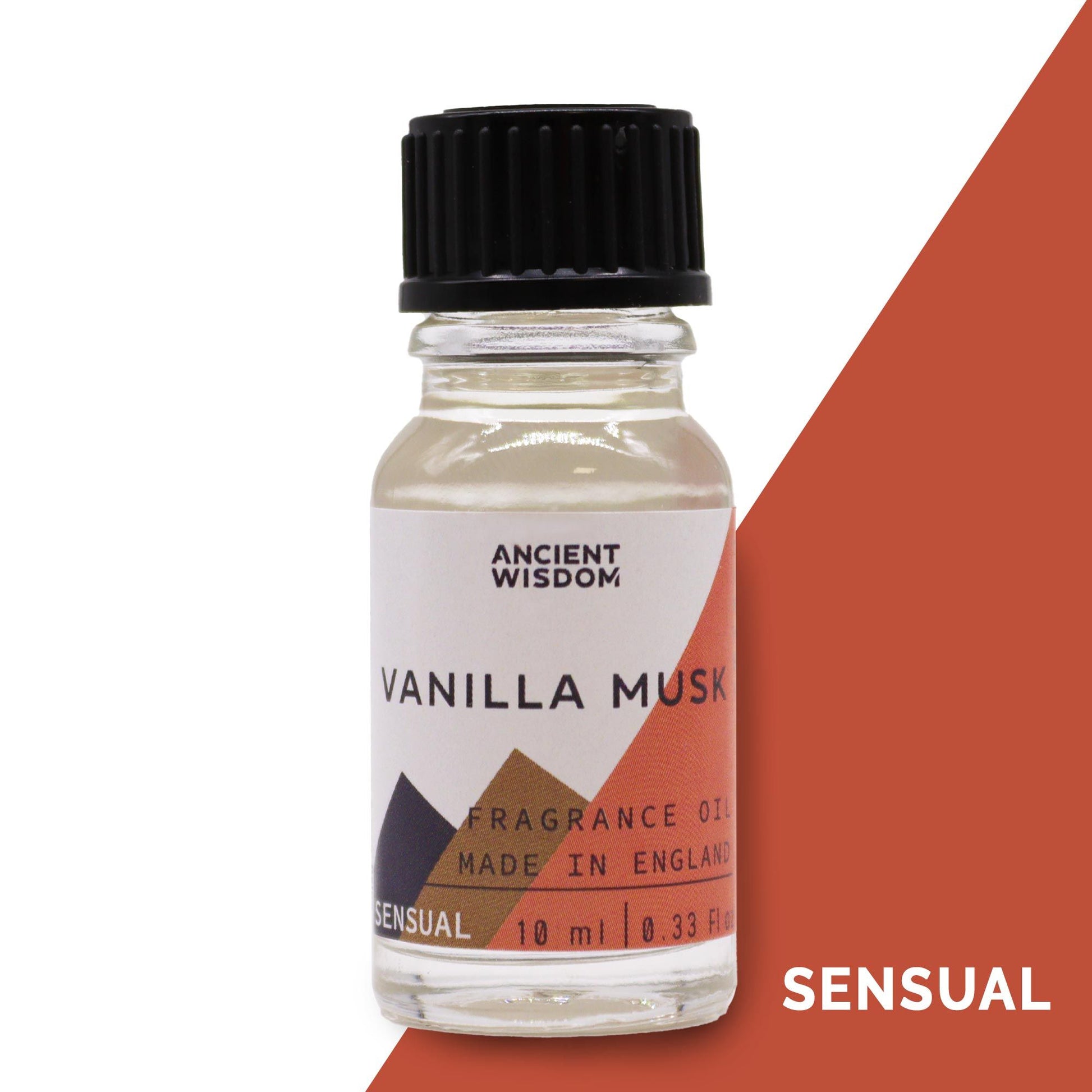 Small amber glass bottle containing 10ml of vanilla musk fragrance oil with a black dropper cap.