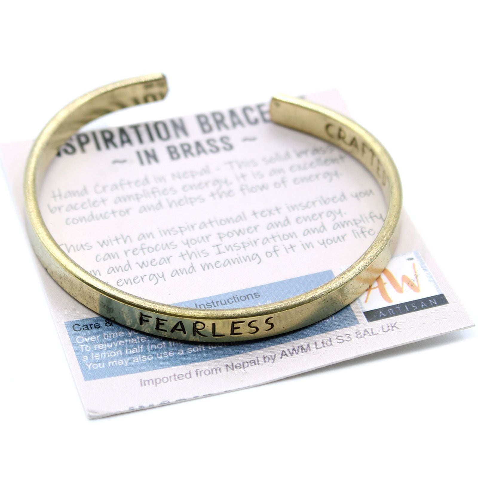 Handcrafted adjustable brass bracelet engraved with an inspirational message, displayed with its information card.