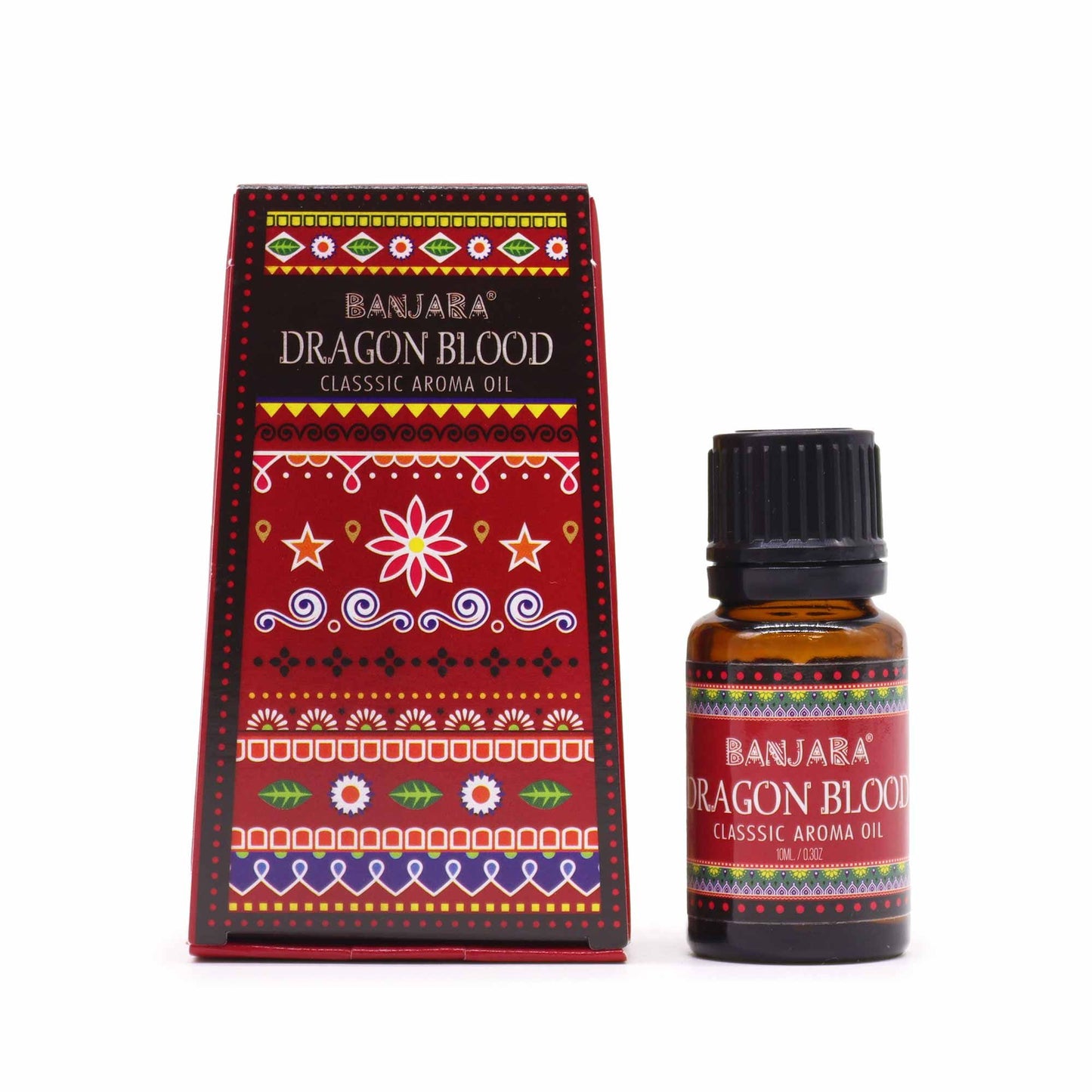 A small 10ml glass bottle of Dragon's Blood fragrance oil with a dark amber hue and a simple label.