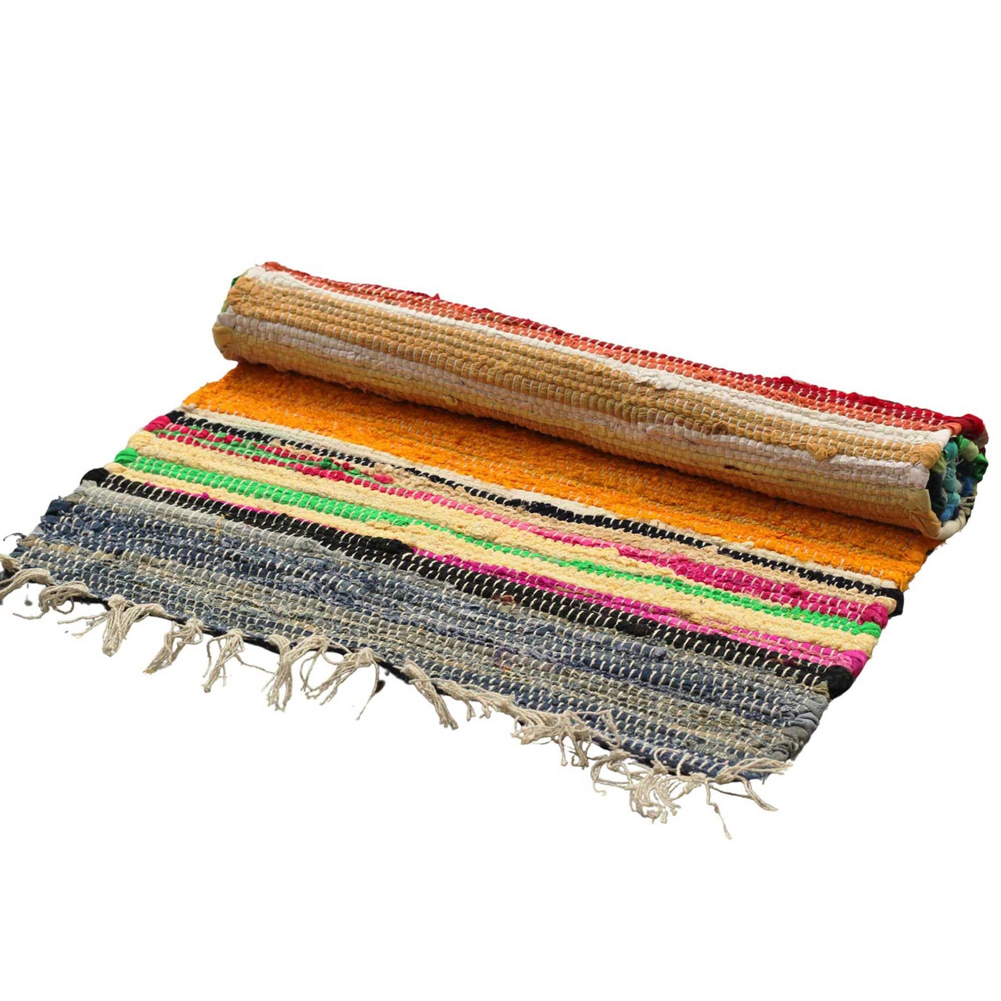 Large rectangular handcrafted rag rug featuring vibrant multi-coloured recycled fabric strips in a rainbow pattern.