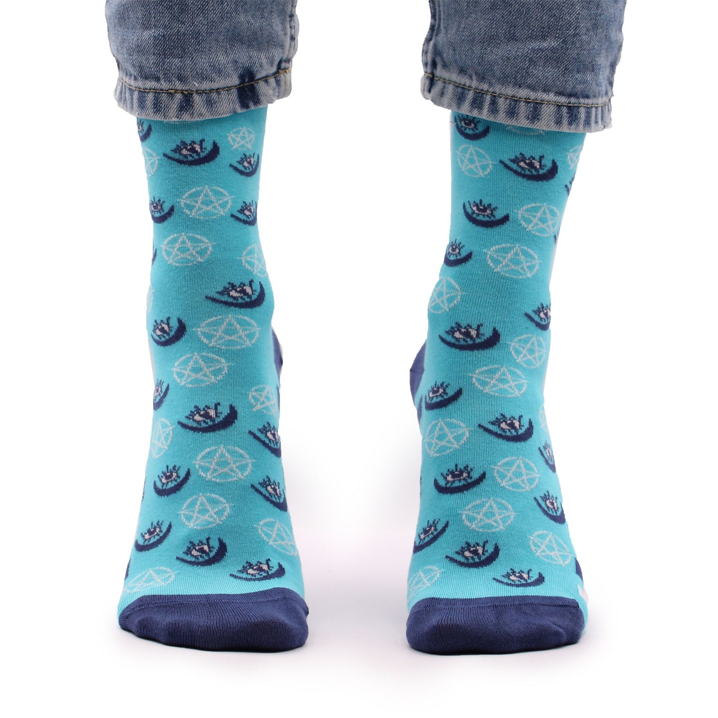Pair of soft bamboo socks featuring mystical pentagram and evil eye patterns in a small to medium size.