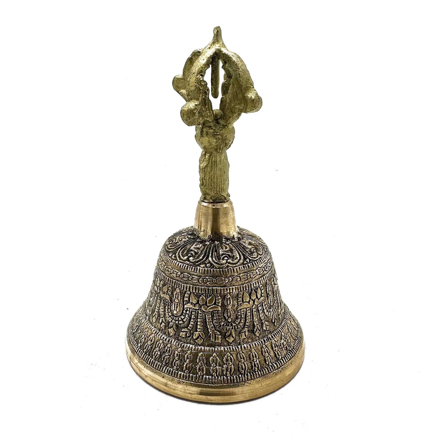 Two ornate bronze Tibetan tingsha bells joined by a leather strap, featuring traditional embossed symbols.