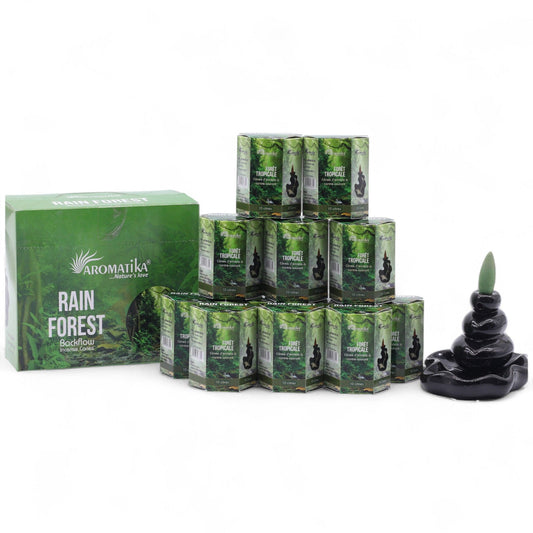 Pack of ten hand-rolled masala backflow incense cones beside a hexagon box with lush rain forest imagery.