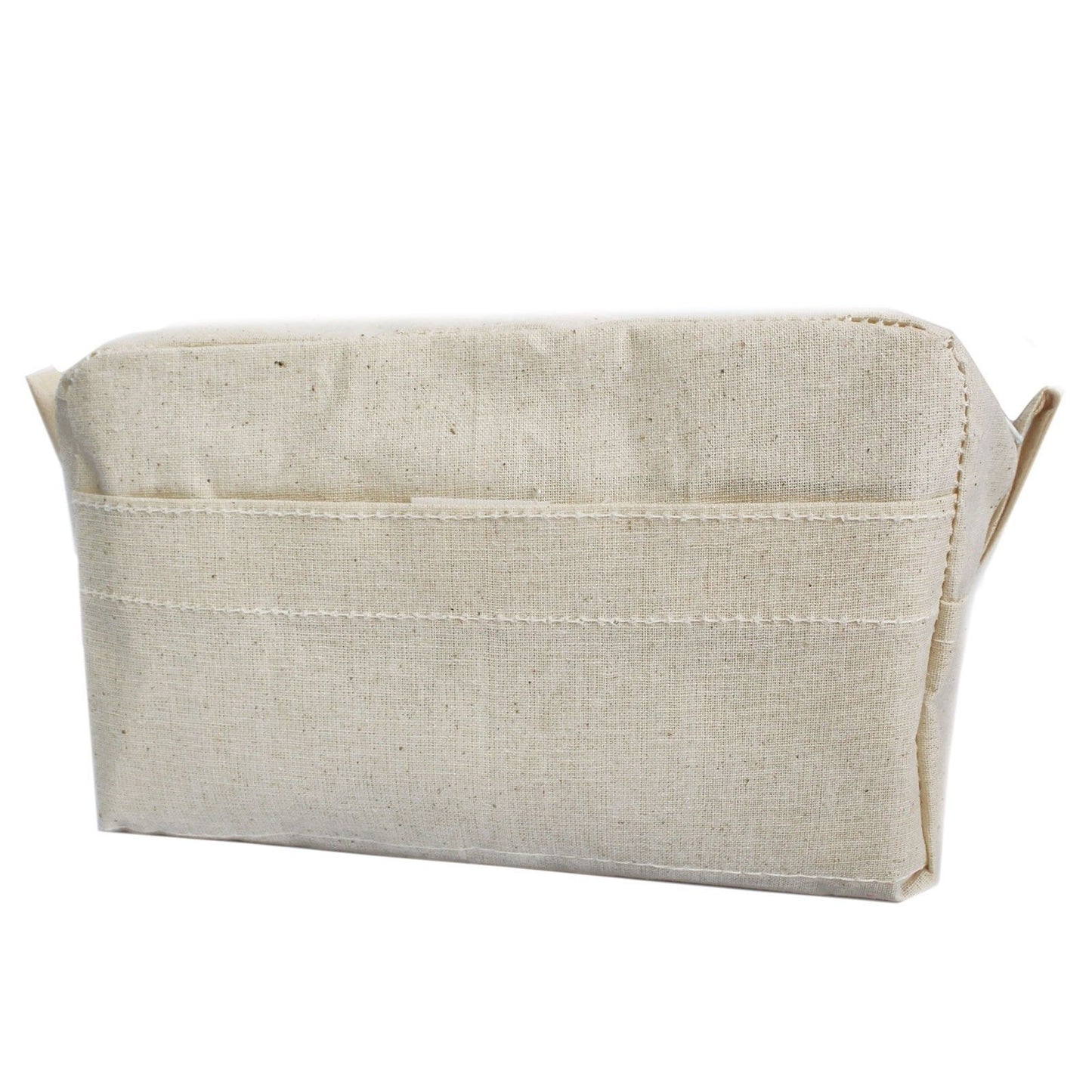 Cream-coloured natural organic cotton toiletry bag with a top zip and front pocket.