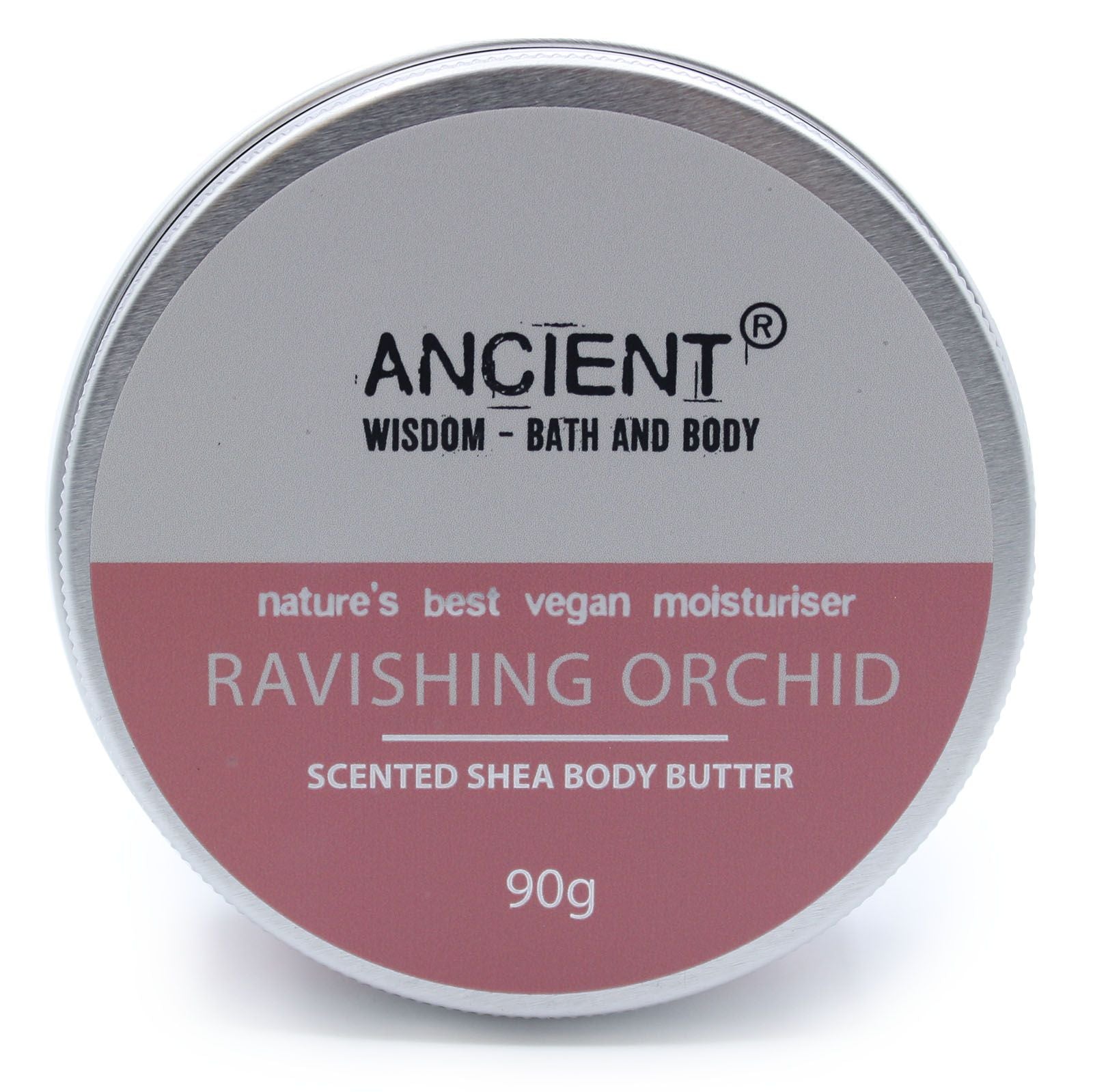 A 90g tin of creamy scented shea body butter with a purple orchid label on a neutral background.