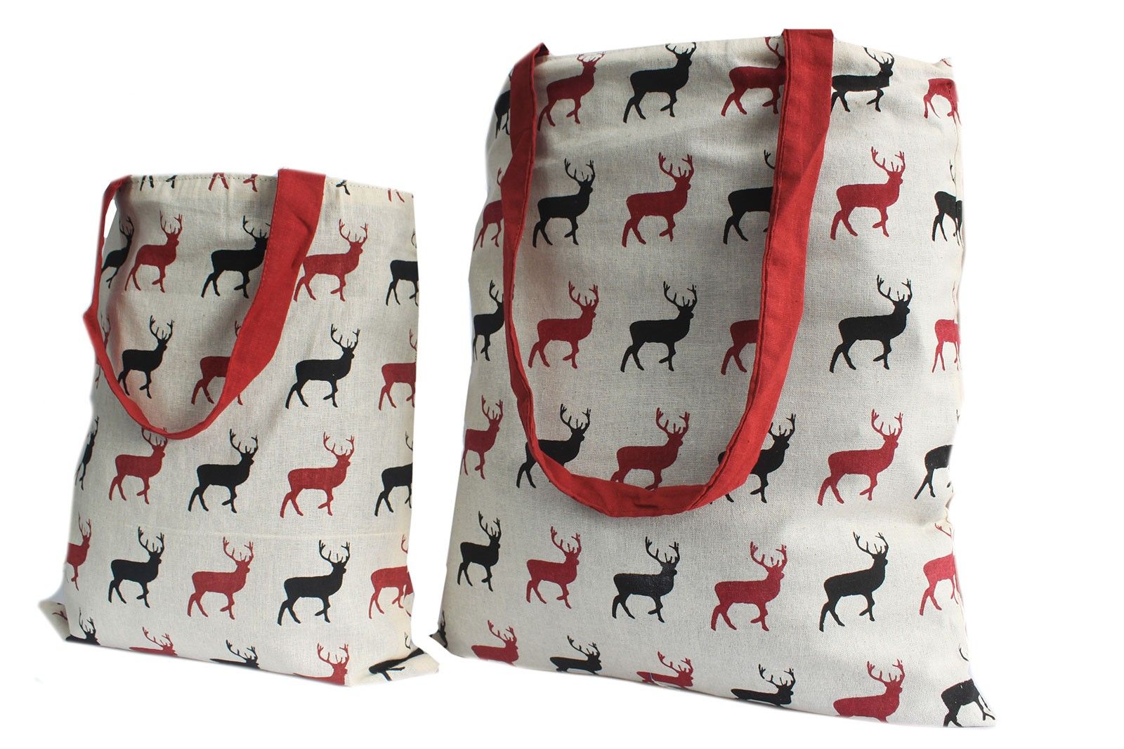 Large reversible tote bag in a deep wine colour featuring a hand-stamped white stag block print design.