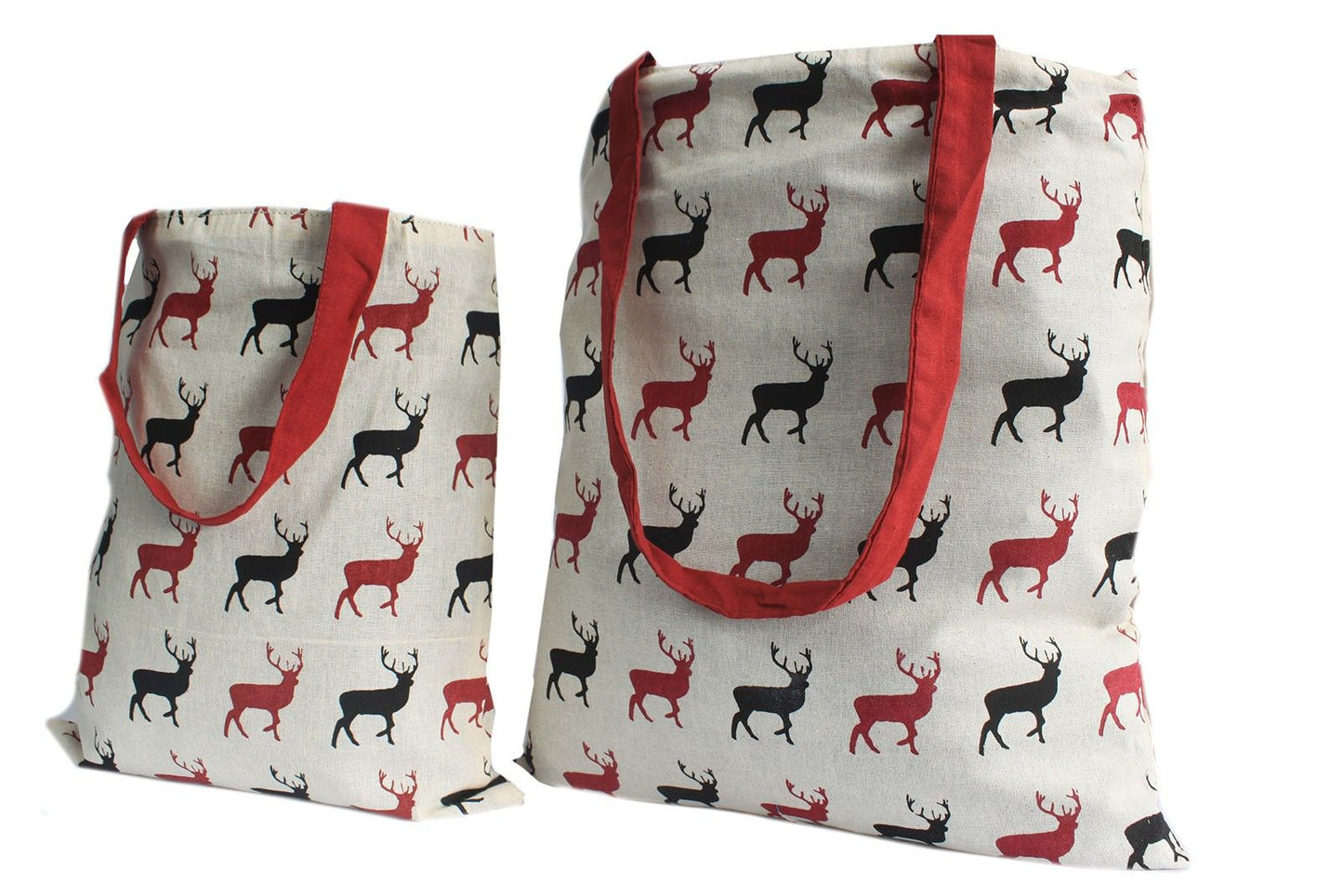 Deep wine reversible tote bag with a white block print stag motif and comfortable shoulder straps.