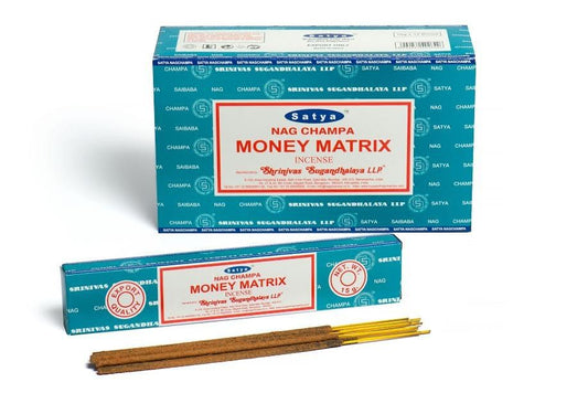 A pack of hand-rolled incense sticks in blue and yellow packaging featuring a geometric matrix pattern.