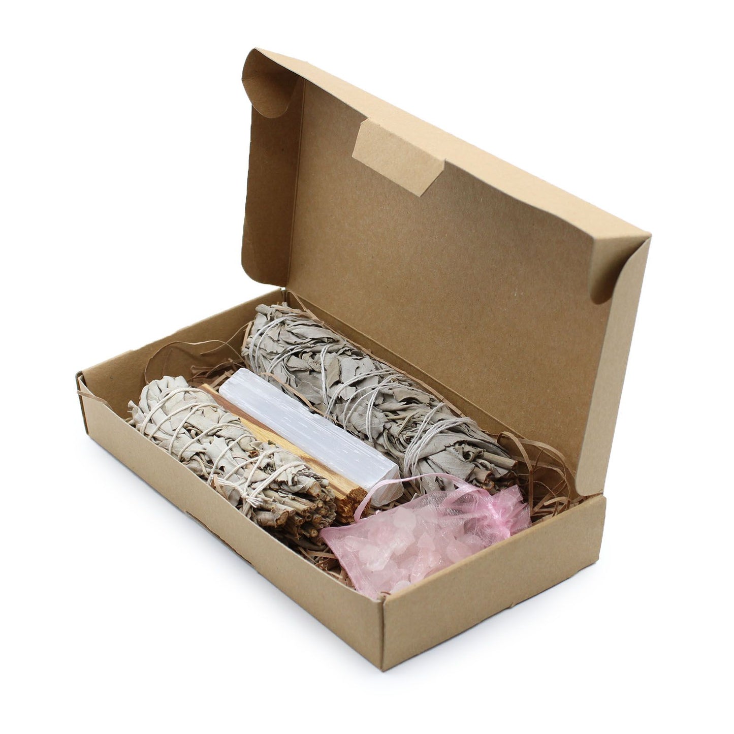 A meditation smudging kit featuring two bundles of dried white sage tied with string, ready for energy cleansing.