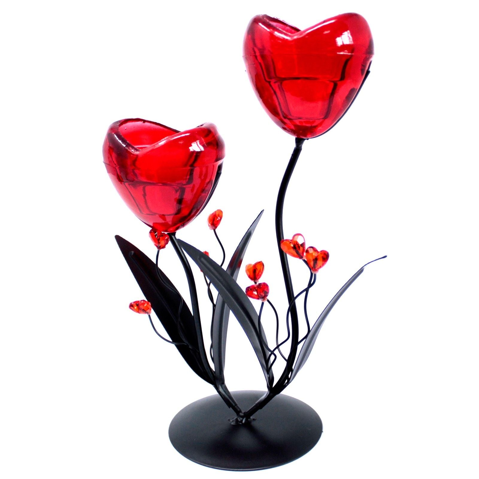 Elegant metal candle holder featuring an intertwined twin hearts design with a delicate flower motif for tea lights.