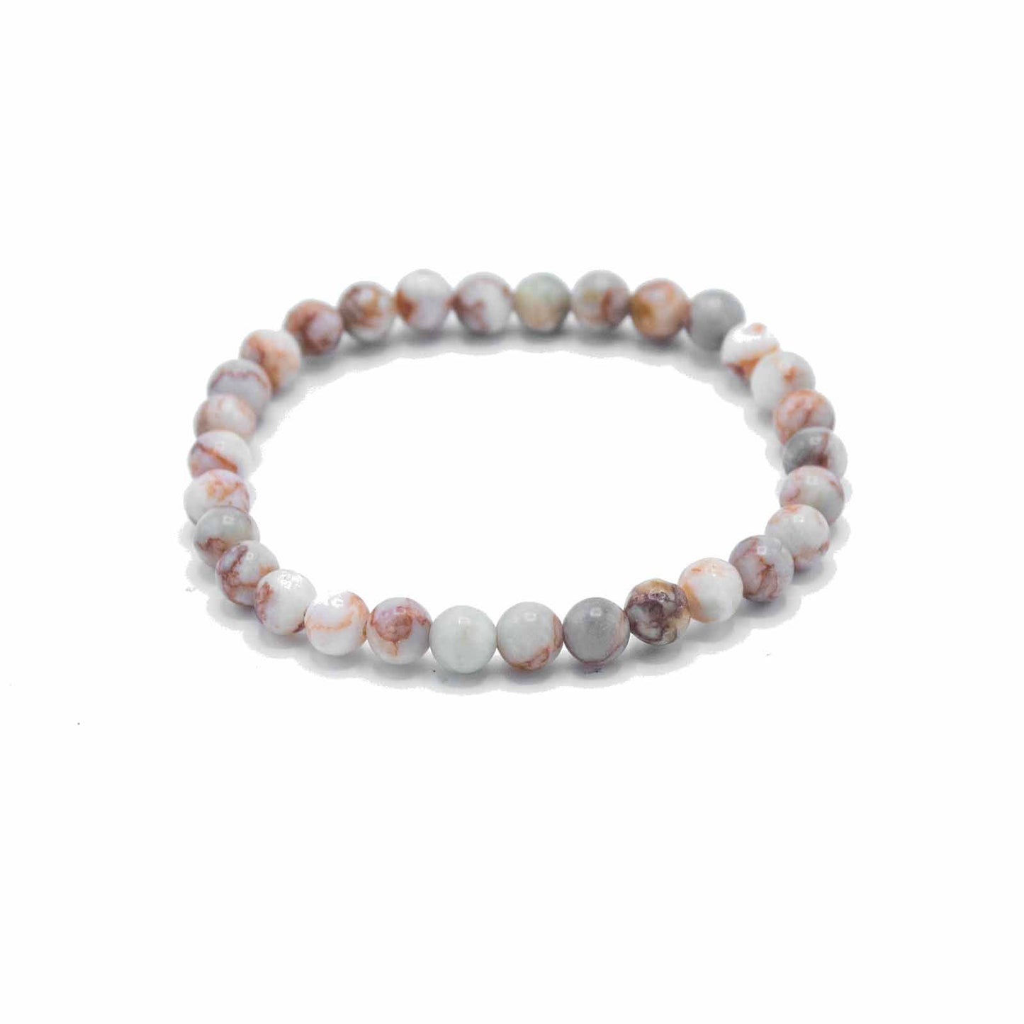 A manifestation bracelet made from round, earthy red and black patterned Blood Spider Stone gemstone beads on a stretch cord.