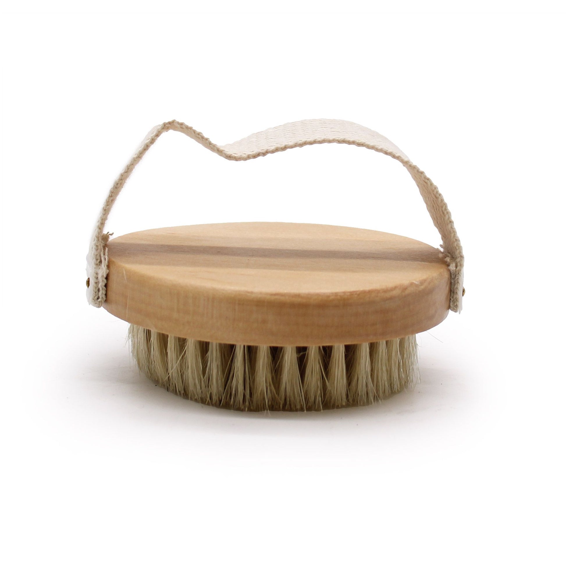 Handheld wooden body scrub brush with natural bristles and a sturdy hand grip for effective exfoliation.