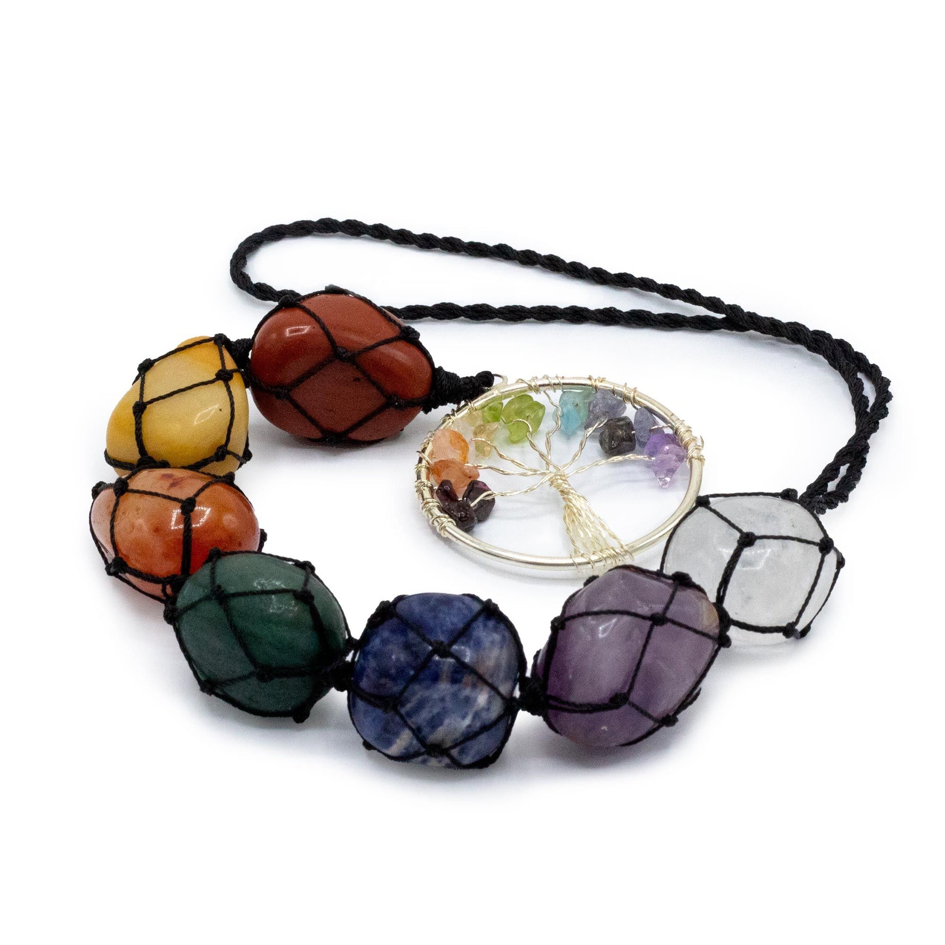 Handcrafted Tree of Life pendant featuring colourful tumbled chakra stones suspended on a silver-tone wire frame.