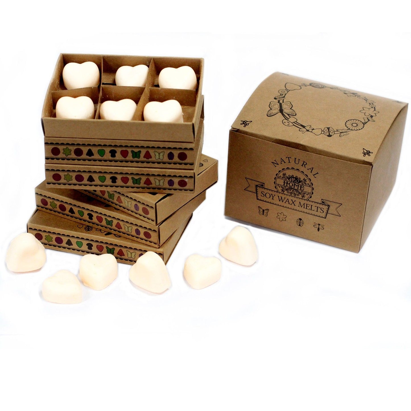Six natural soy wax melts with cinnamon and orange scent in a minimalist matchbox-style gift box.