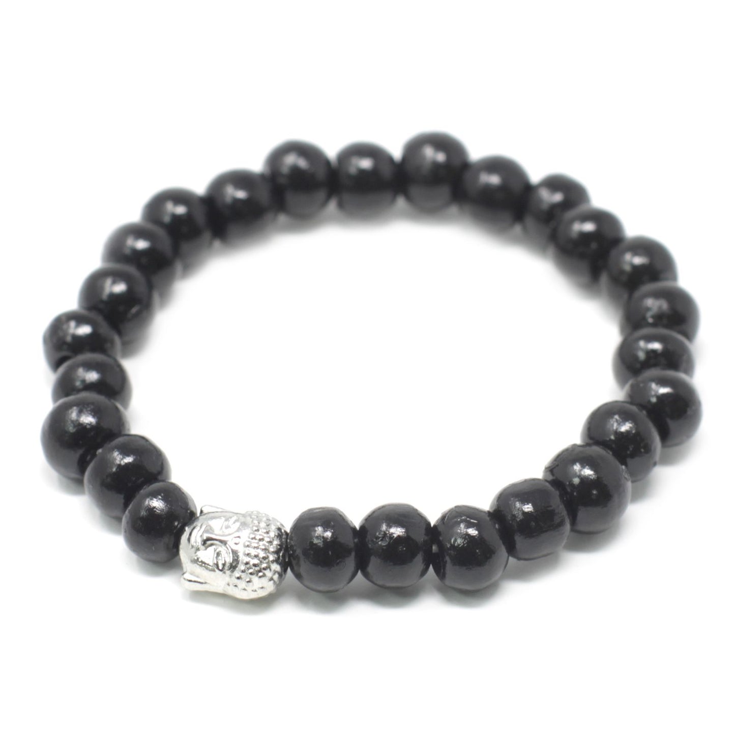 Handcrafted darkwood bead bracelet featuring a small Buddha charm on an elasticated cord.