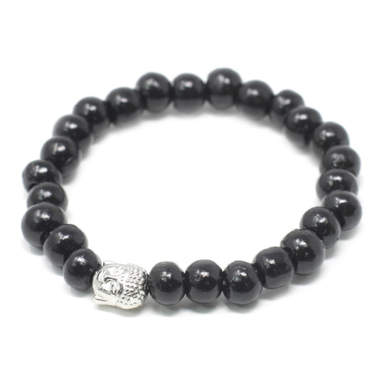 Handcrafted darkwood bead bracelet featuring a small Buddha charm on an elasticated cord.