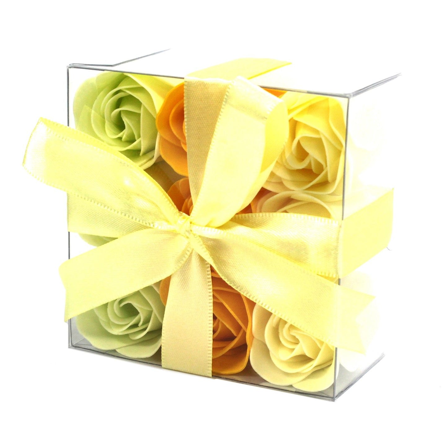 Delicate set of nine realistic pink and white soap roses arranged beautifully in a gift box for bath time relaxation.