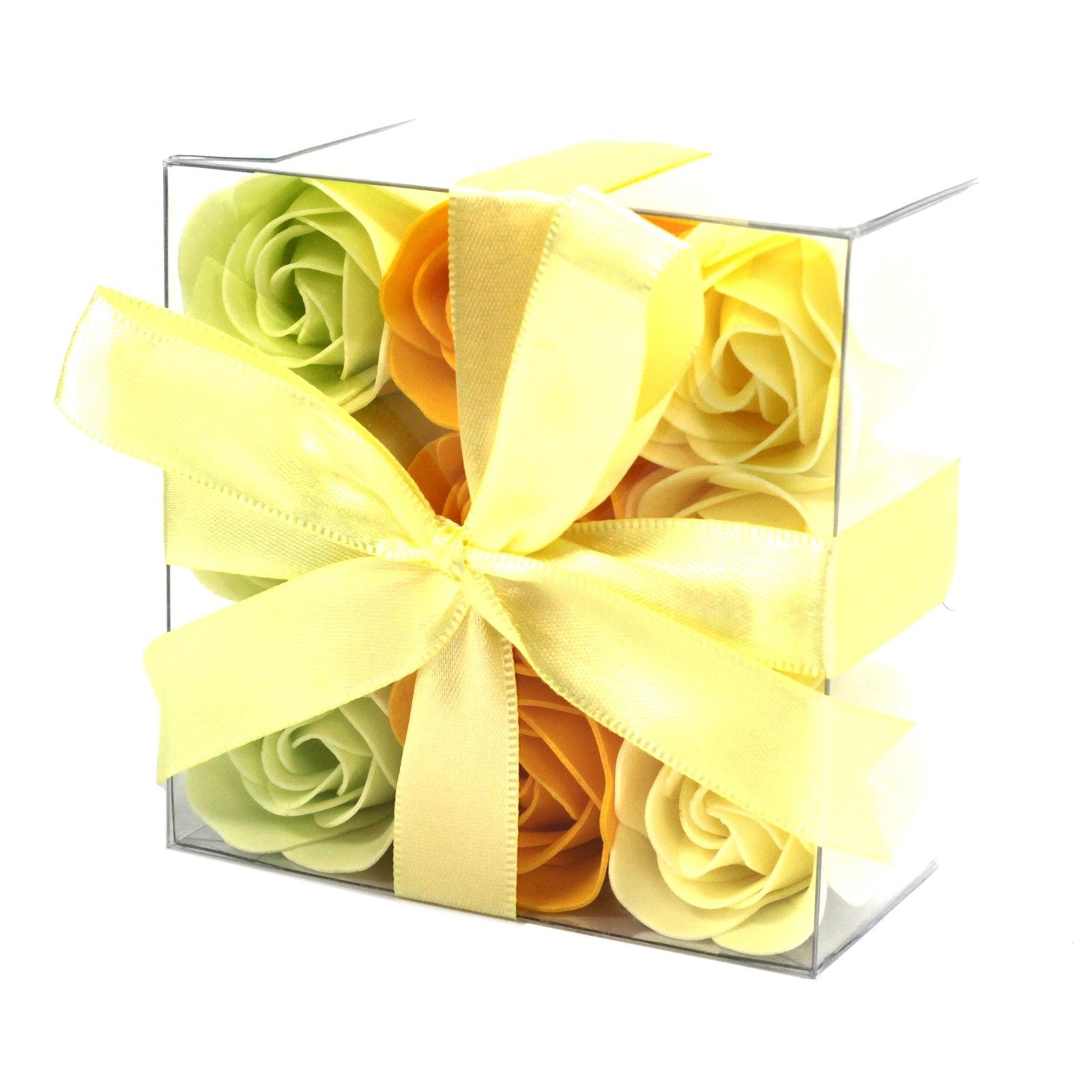 Delicate set of nine realistic pink and white soap roses arranged beautifully in a gift box for bath time relaxation.
