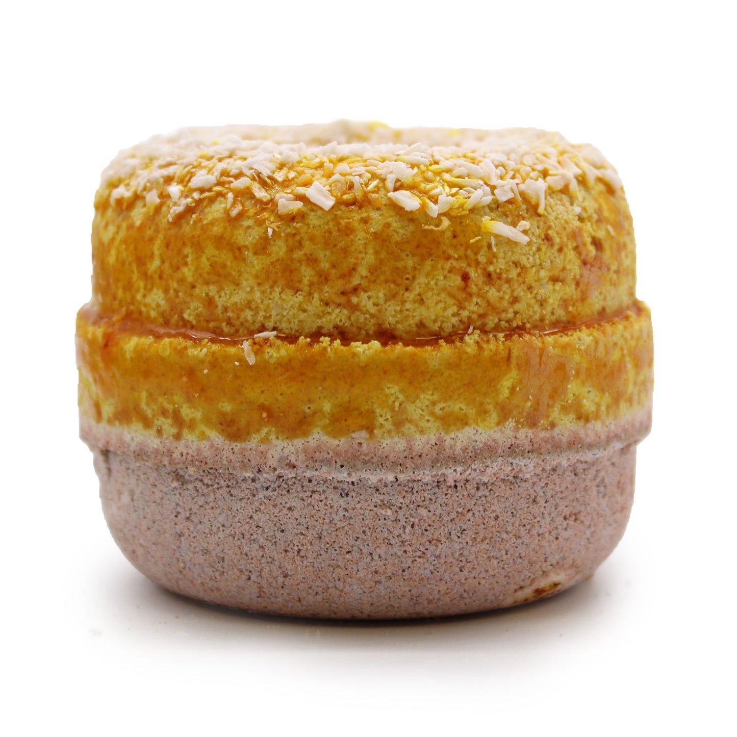 Two round bath fizzers shaped like donuts with cinnamon and vanilla scent, decorated with colorful soap sprinkles.