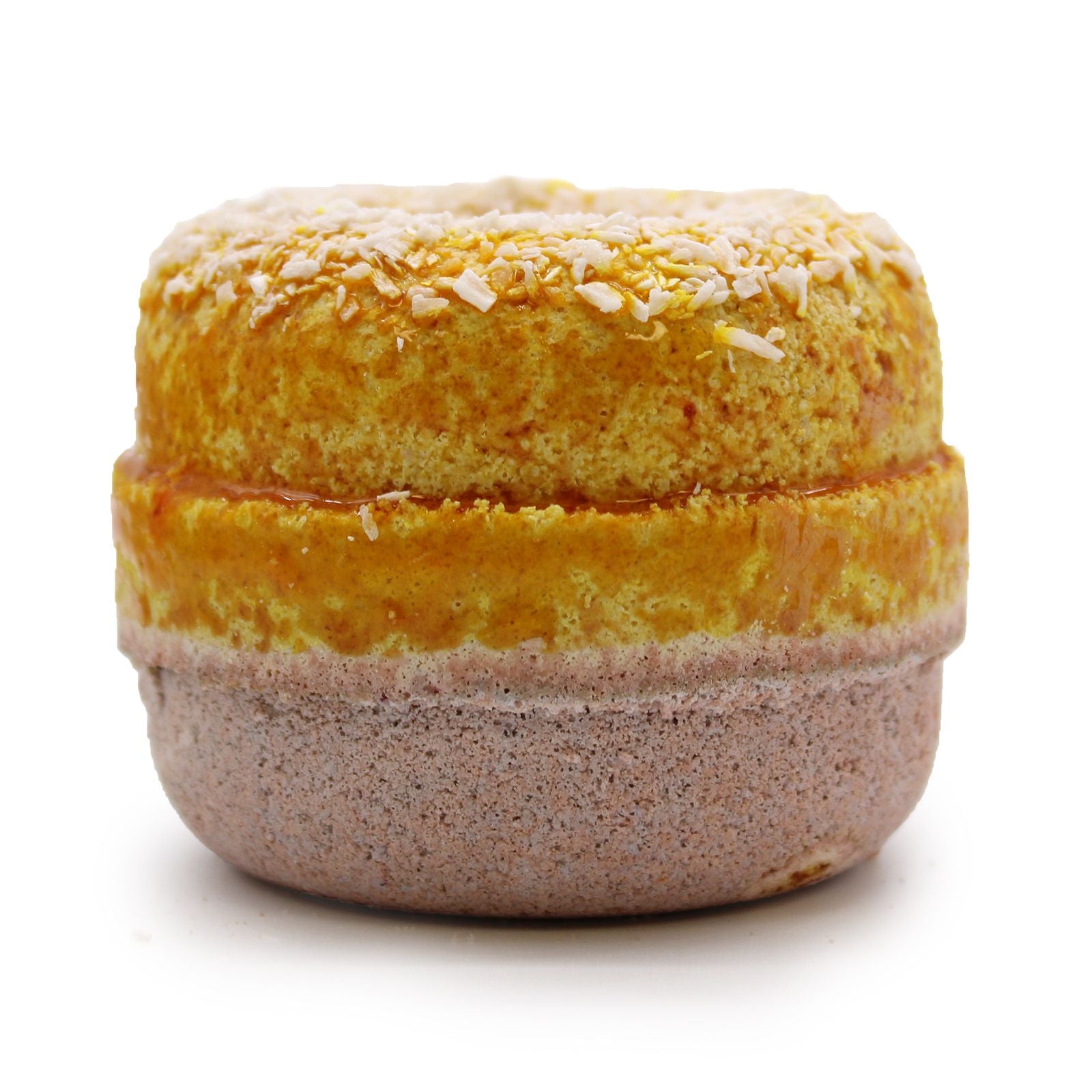 Two round bath fizzers shaped like donuts with cinnamon and vanilla scent, decorated with colorful soap sprinkles.