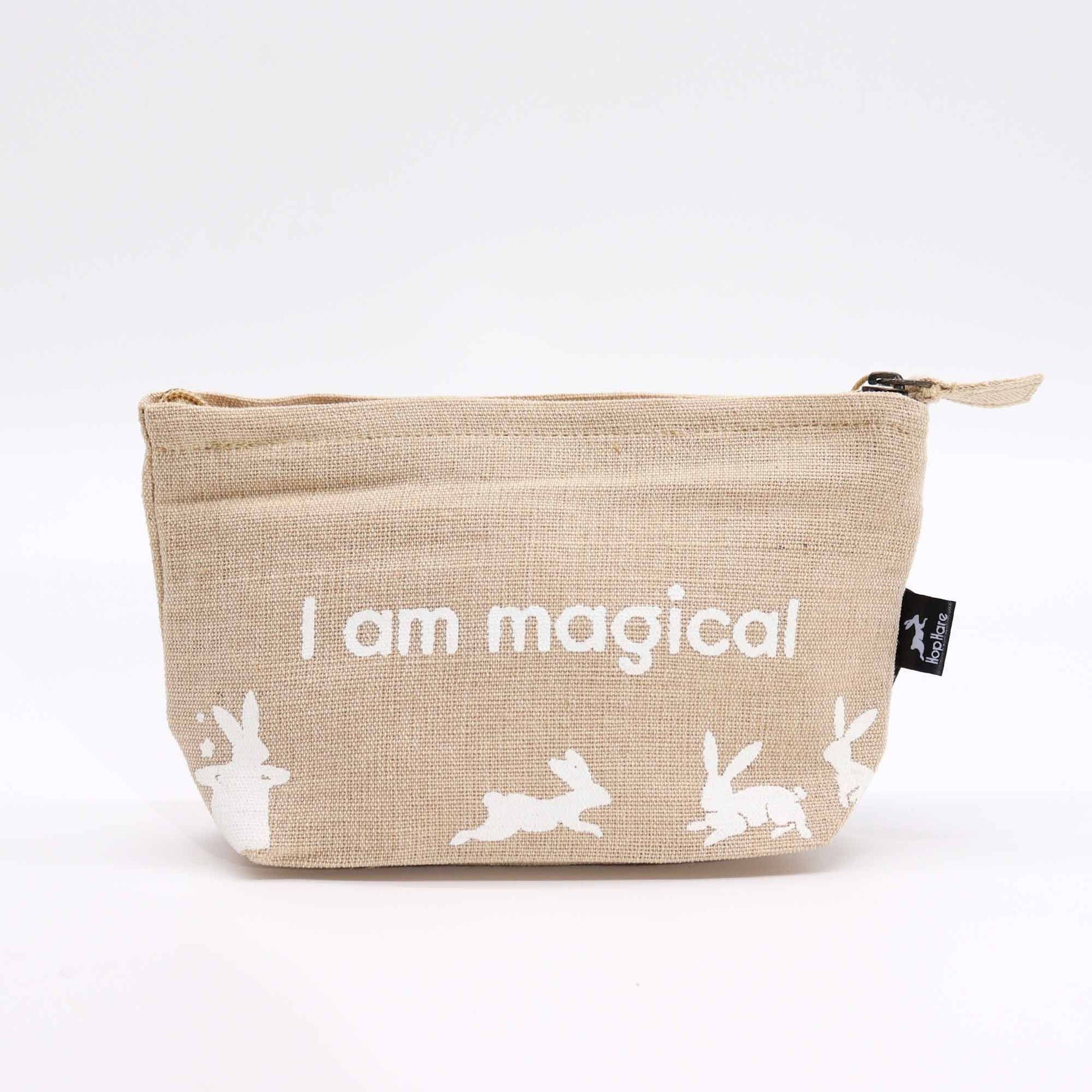Sustainable jute drawstring pouch featuring a charming rabbit design and uplifting I Am Magical text.