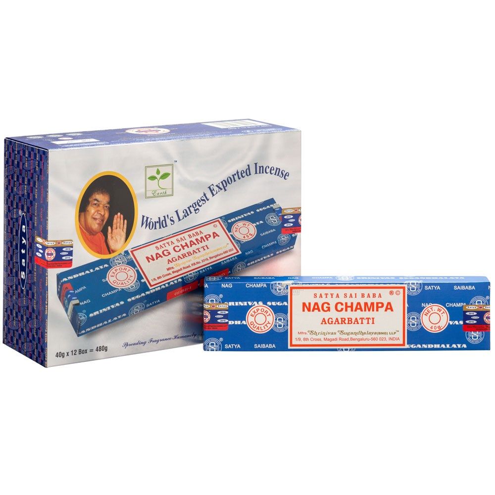 A 40g blue pack of traditional Nag Champa incense sticks on a wooden surface.