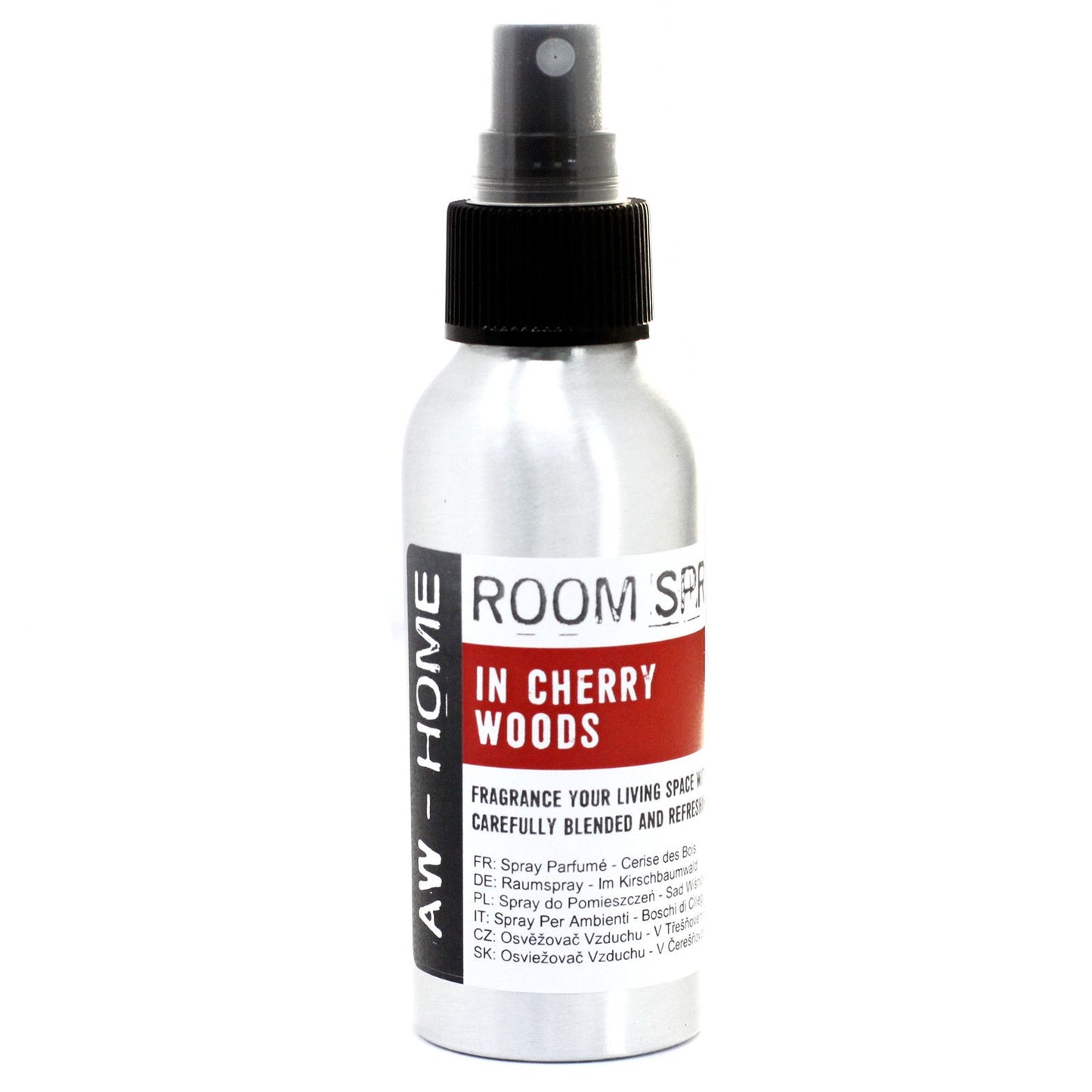 A 100ml silver aluminium bottle of room spray with a minimalist label featuring the scent name In Cherry Woods.