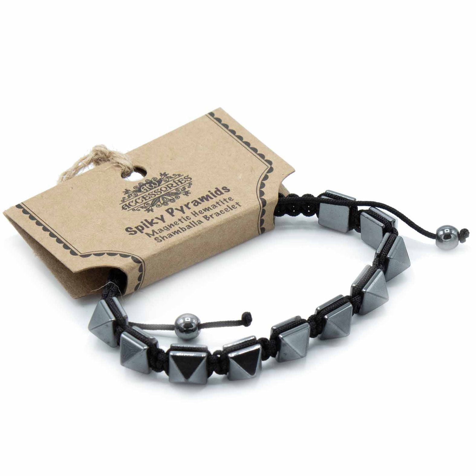Black magnetic hematite shamballa bracelet featuring unique spiky pyramid-shaped beads and a comfortable adjustable cord.