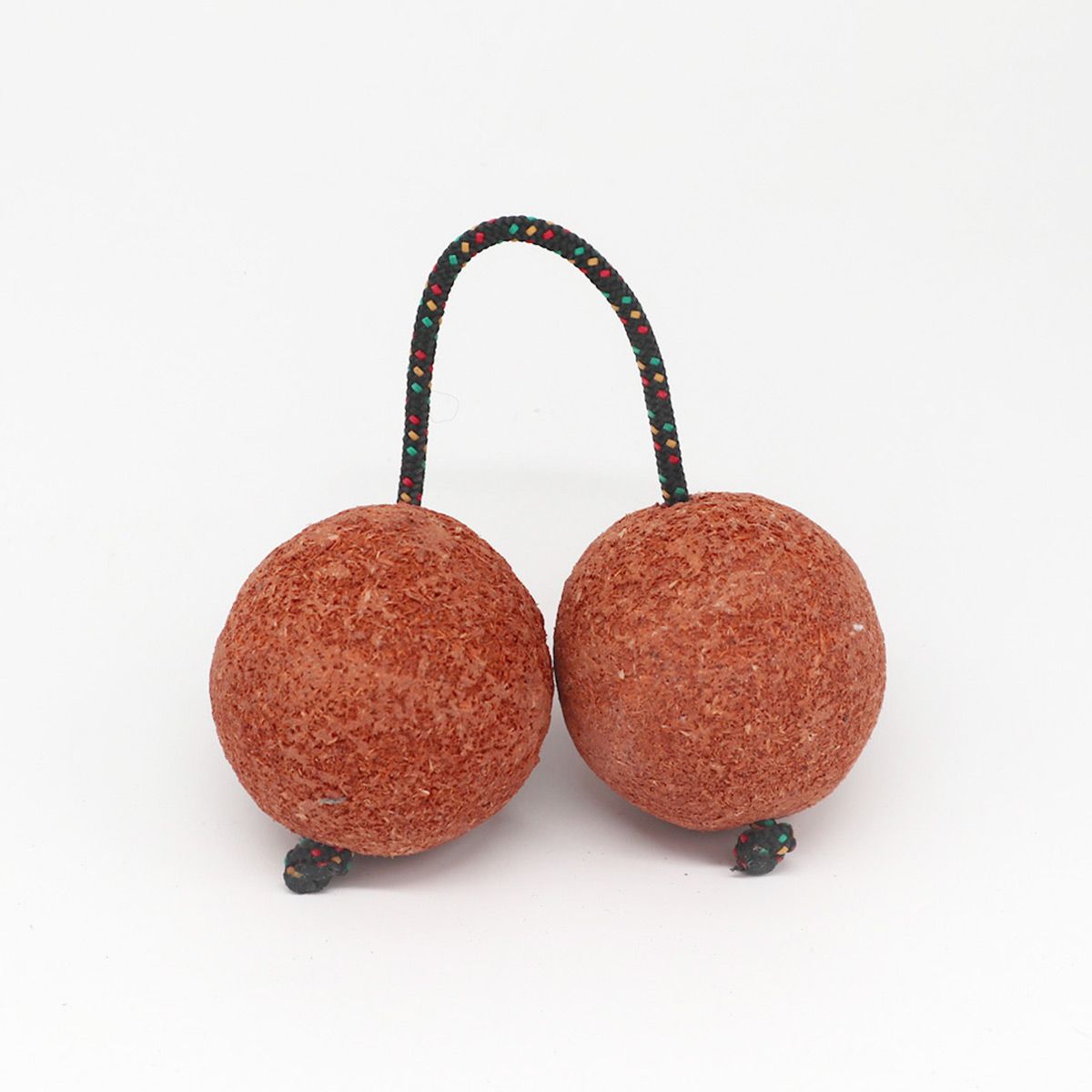 Handcrafted Kashaka shaker featuring two gourds connected by a cord with a tropical beach-inspired design.