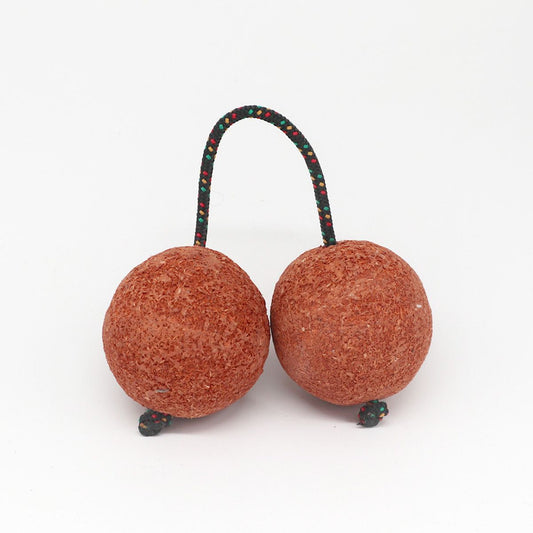 Handcrafted Kashaka shaker featuring two gourds connected by a cord with a tropical beach-inspired design.