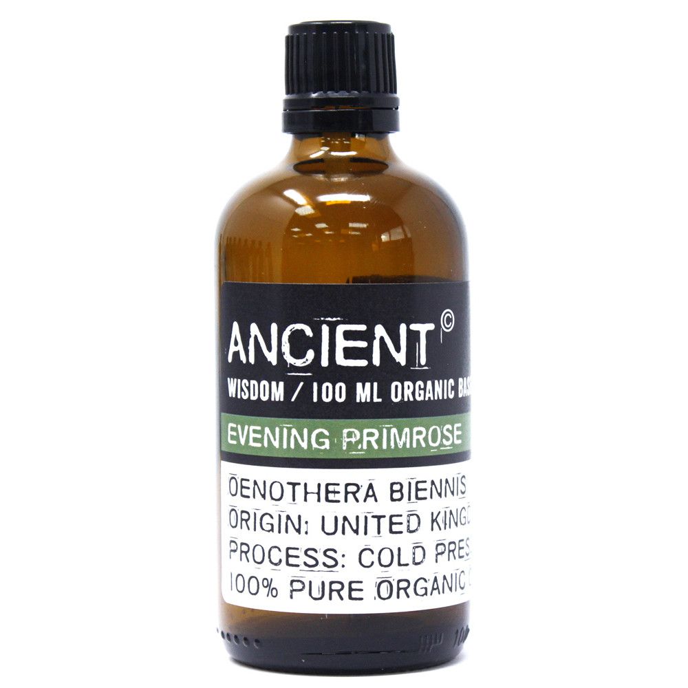 Clear glass bottle of organic evening primrose base oil showing its natural golden hue.