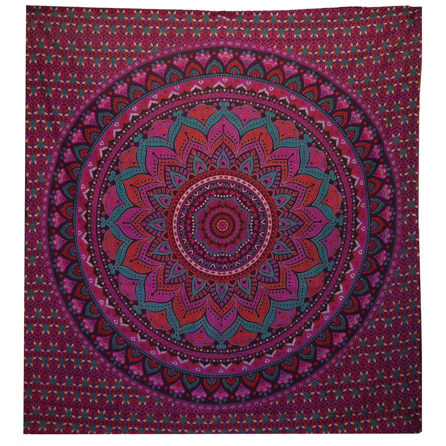 Large purple cotton bedspread featuring an intricate white classic mandala pattern displayed as a decorative wall hanging.