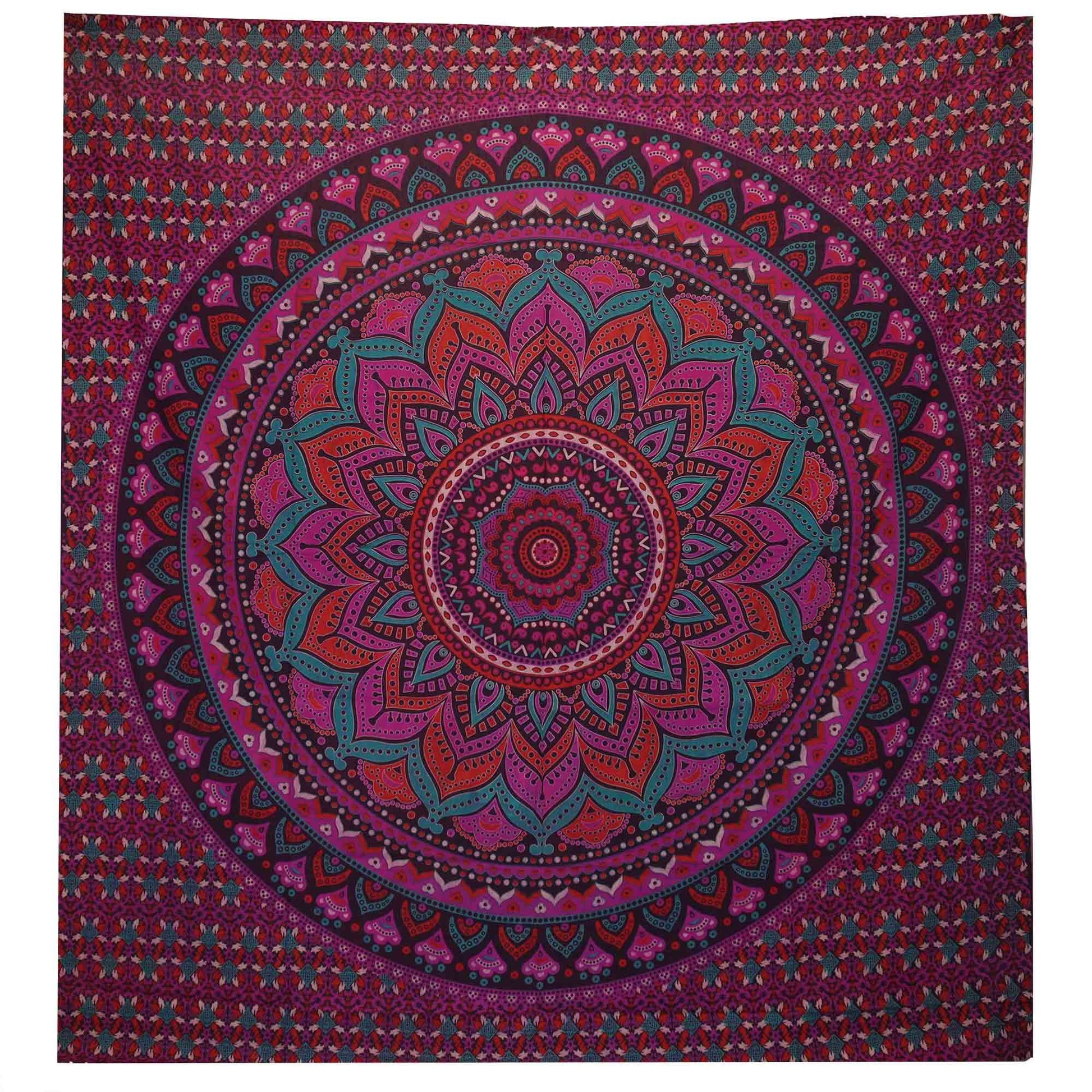 Large purple cotton bedspread featuring an intricate white classic mandala pattern displayed as a decorative wall hanging.