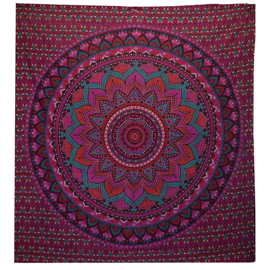 Large purple cotton bedspread featuring an intricate white classic mandala pattern displayed as a decorative wall hanging.