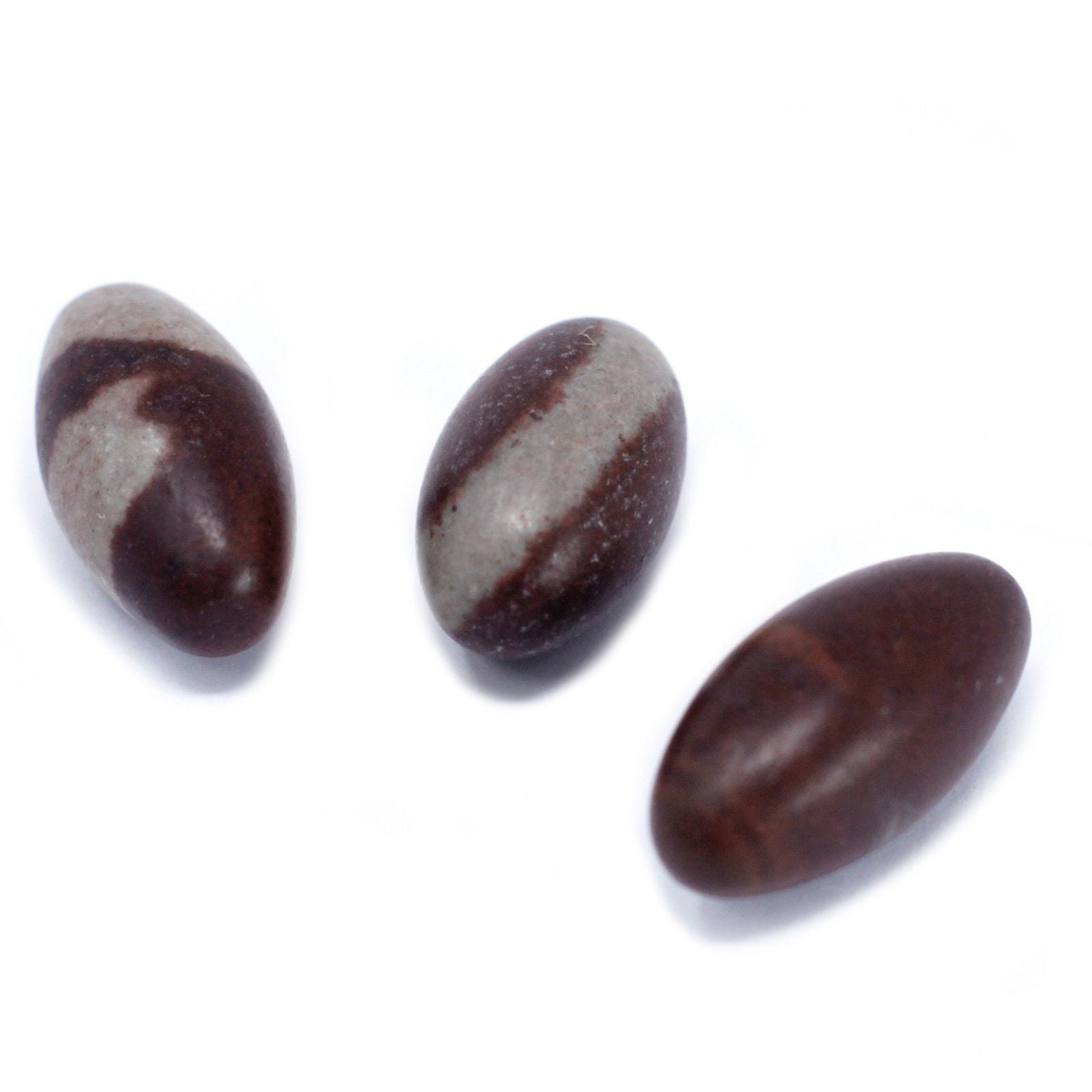 Three small, smooth egg-shaped Shiva Lingam stones with natural brown and tan markings.