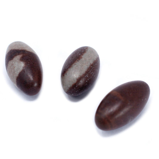 Three small, smooth egg-shaped Shiva Lingam stones with natural brown and tan markings.