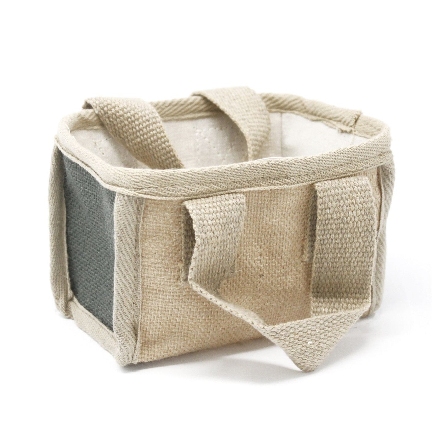 Small rectangular charcoal grey woven jute basket with soft handles and a natural cotton lining.