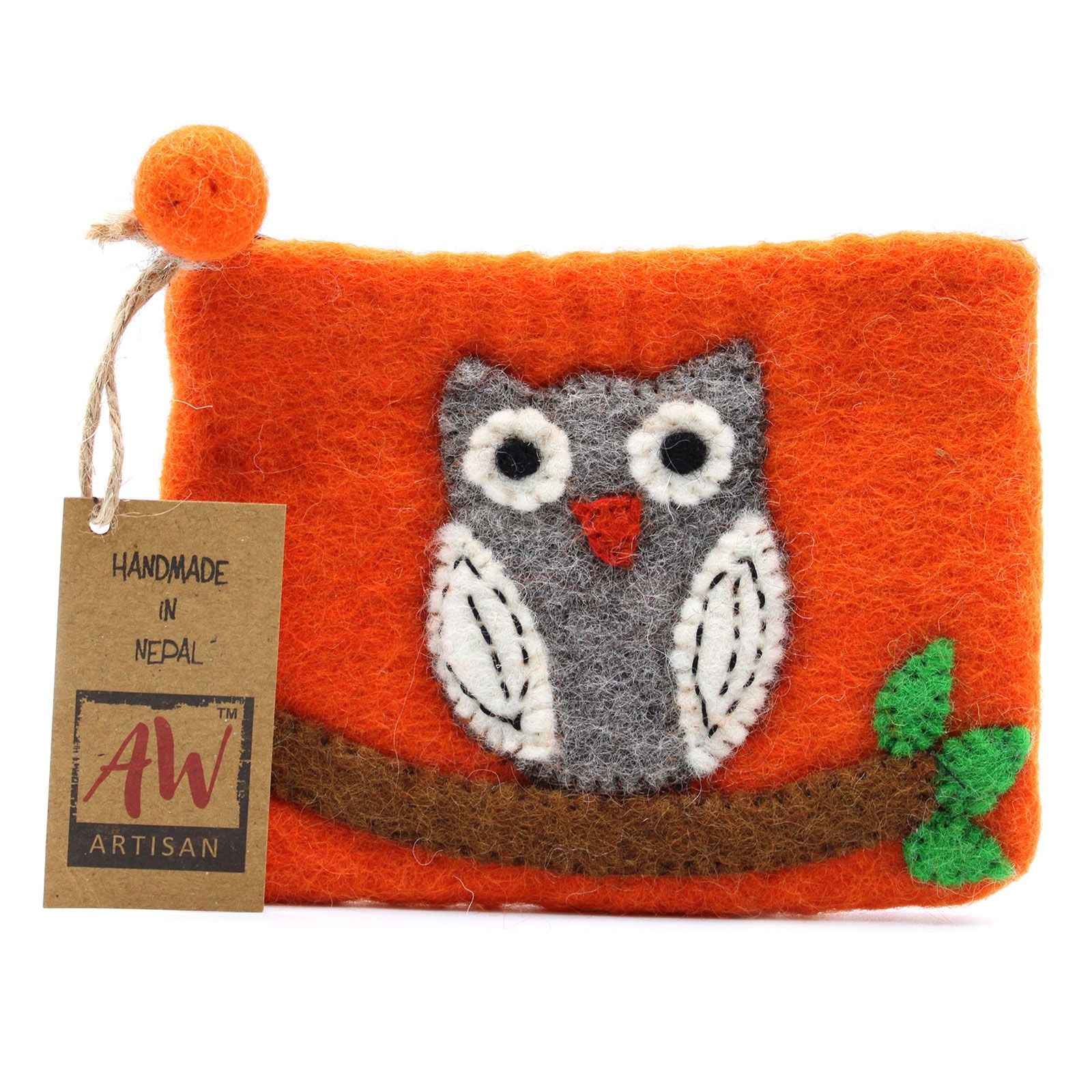 Handmade natural felt zipper pouch featuring a cute owl sitting on a branch design with a secure zip closure.