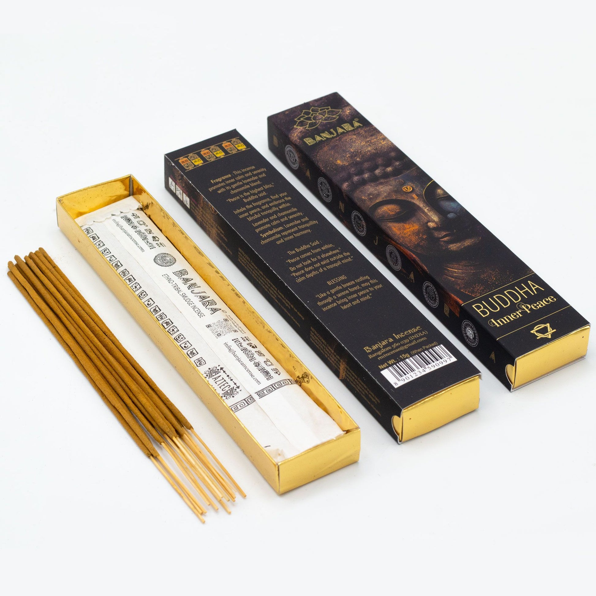 Hand-rolled incense sticks in a decorative blue box featuring a seated Buddha and floral patterns.