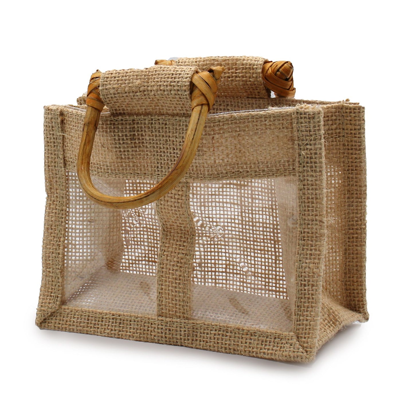 Eco-friendly natural jute gift bag with two clear windows and circular cane handles on a plain background.
